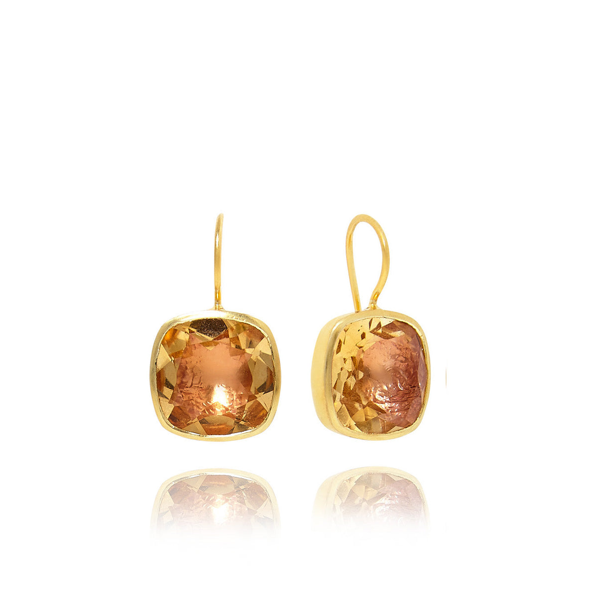 Front and side view of Luzia Button Earrings with cushion-cut foiled citrine and 14K yellow gold bezels on white background