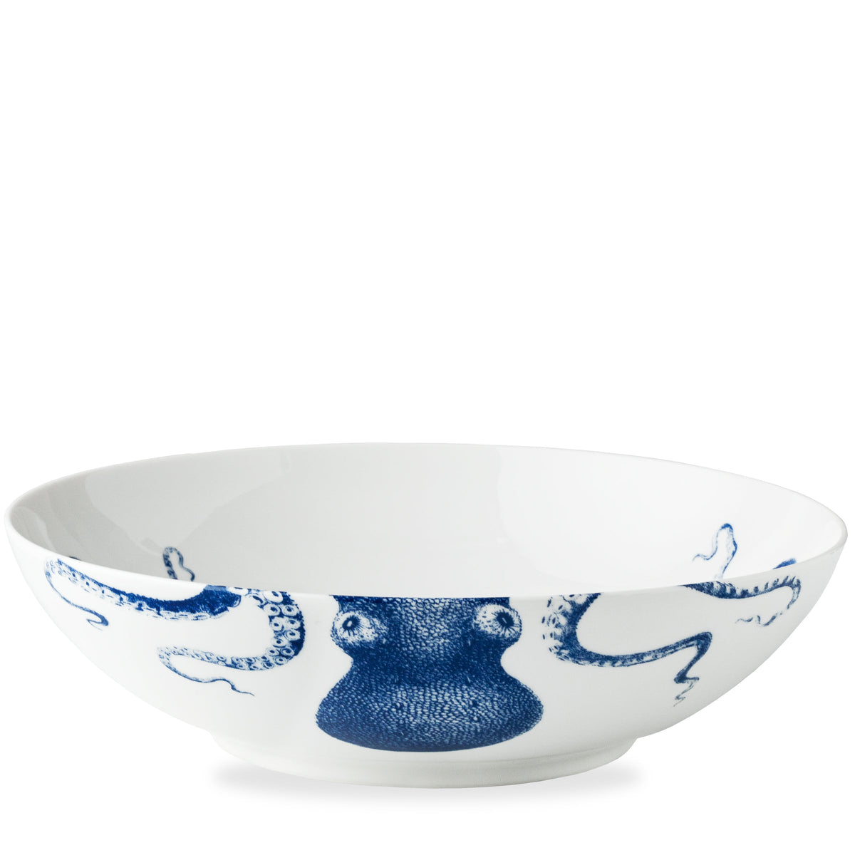 Front view of Blue Lucy Wide Serving Bowl showcasing blue cephalopod design on white bone china with white background