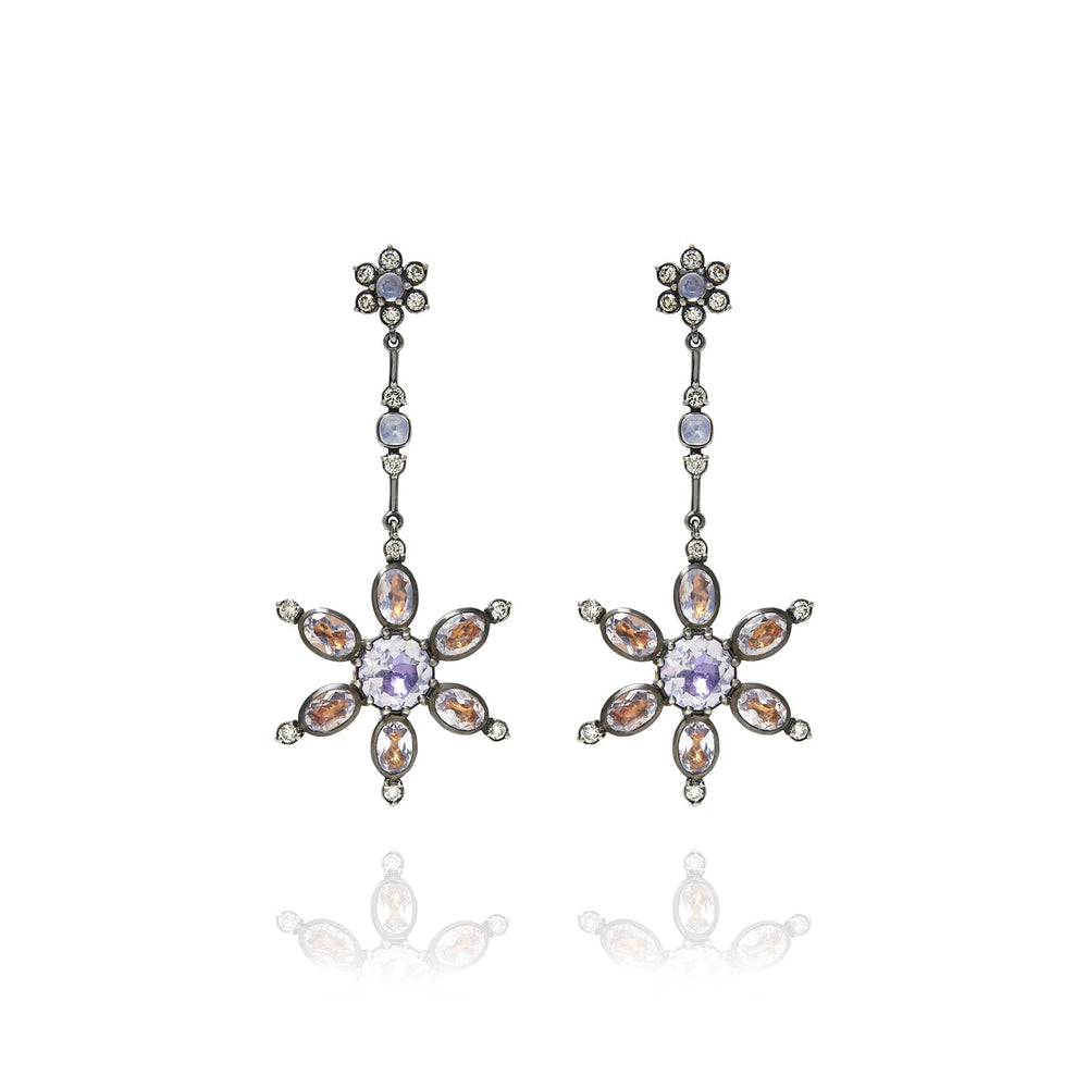 Front view of Estrela pendant earrings with star drops, lavender moon quartz, rainbow moonstones and diamonds on white