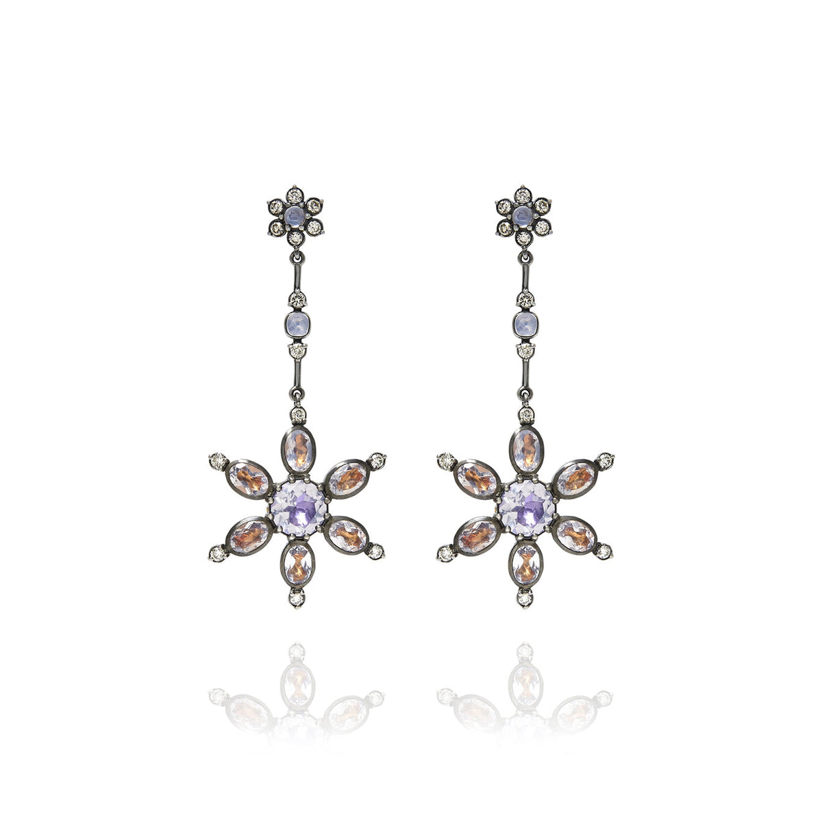 Front view of Estrela pendant earrings with star drops, lavender moon quartz, rainbow moonstones and diamonds on white