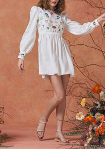 Emma Dress in White with Mushroom Embroidery