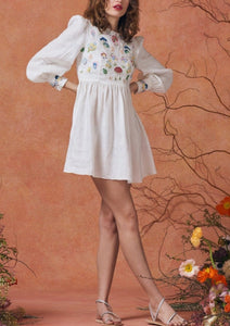 Emma Dress in White with Mushroom Embroidery