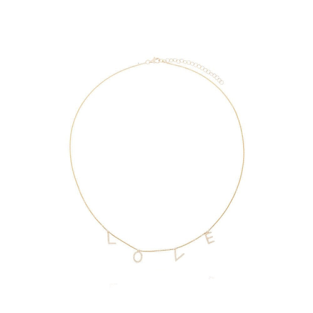 Front view of Separated Love Text Necklace showcasing yellow gold chain with separated diamond-set LOVE letters