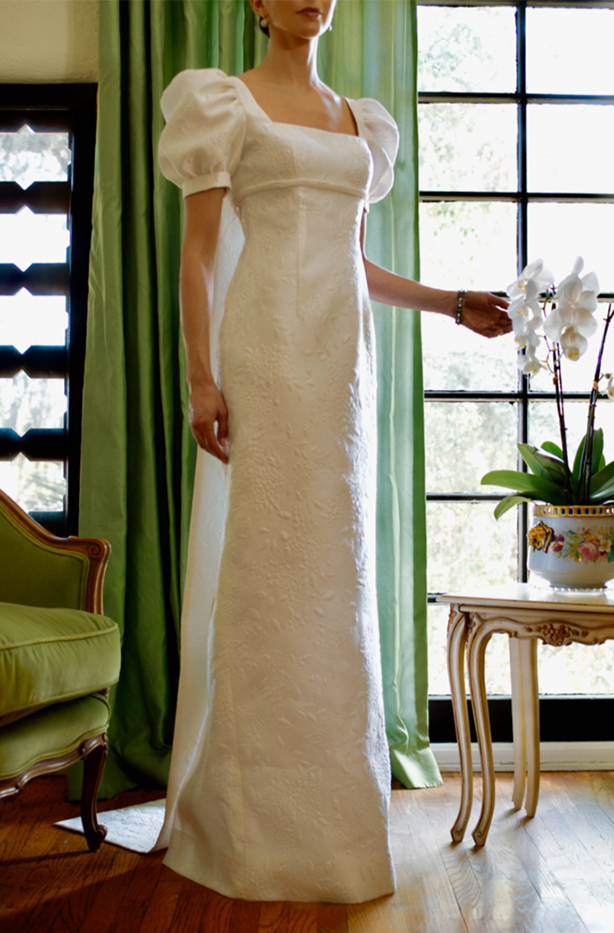 Puffy Sleeve High Waisted Wedding Gown with Panel Back and Bows in White French Brocade