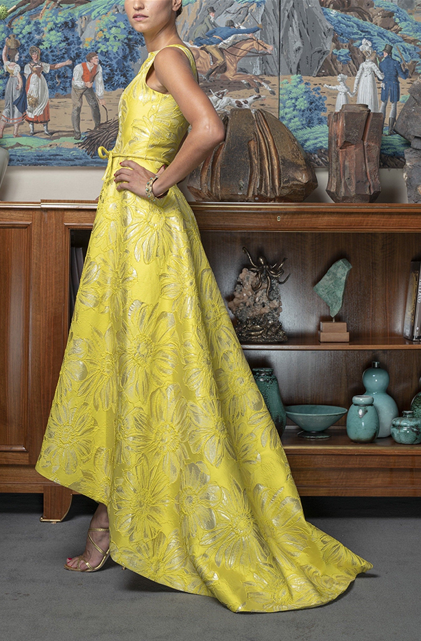 High-Low Bateau Neck Gown in Sunny Yellow French Brocade with Train