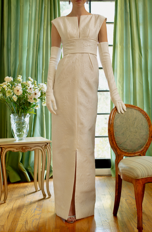 Split Front Waist Inset Column Wedding Gown in White French Brocade