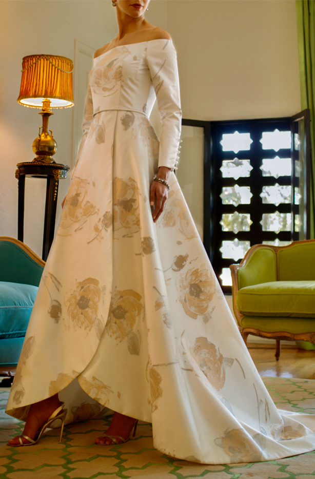 Off-the-Shoulder Long Sleeve Petal Front High-Low Gown in French Floral Brocade