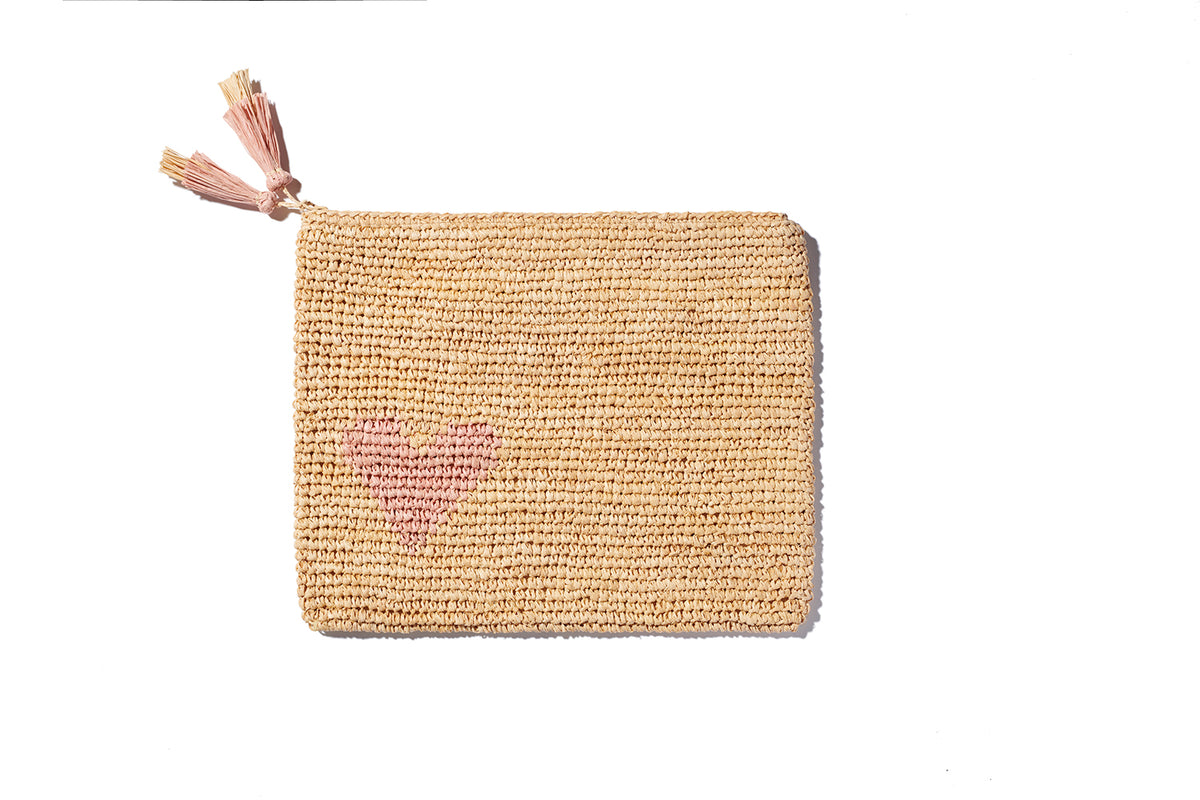 Heart Raffia Zip Pouch Pink Over The Moon