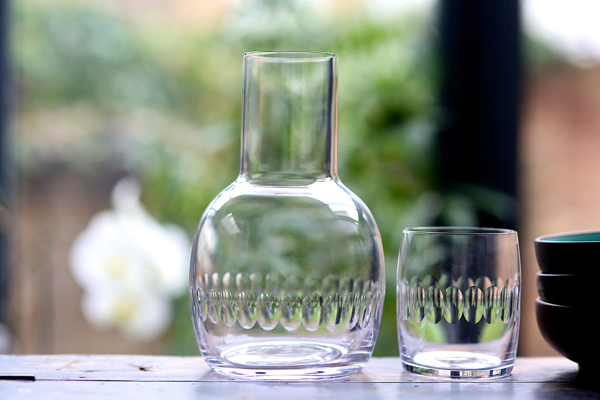 Front view of Crystal Carafe Set with Fern Design showcasing clear crystal carafe and tumbler with engraved oval band