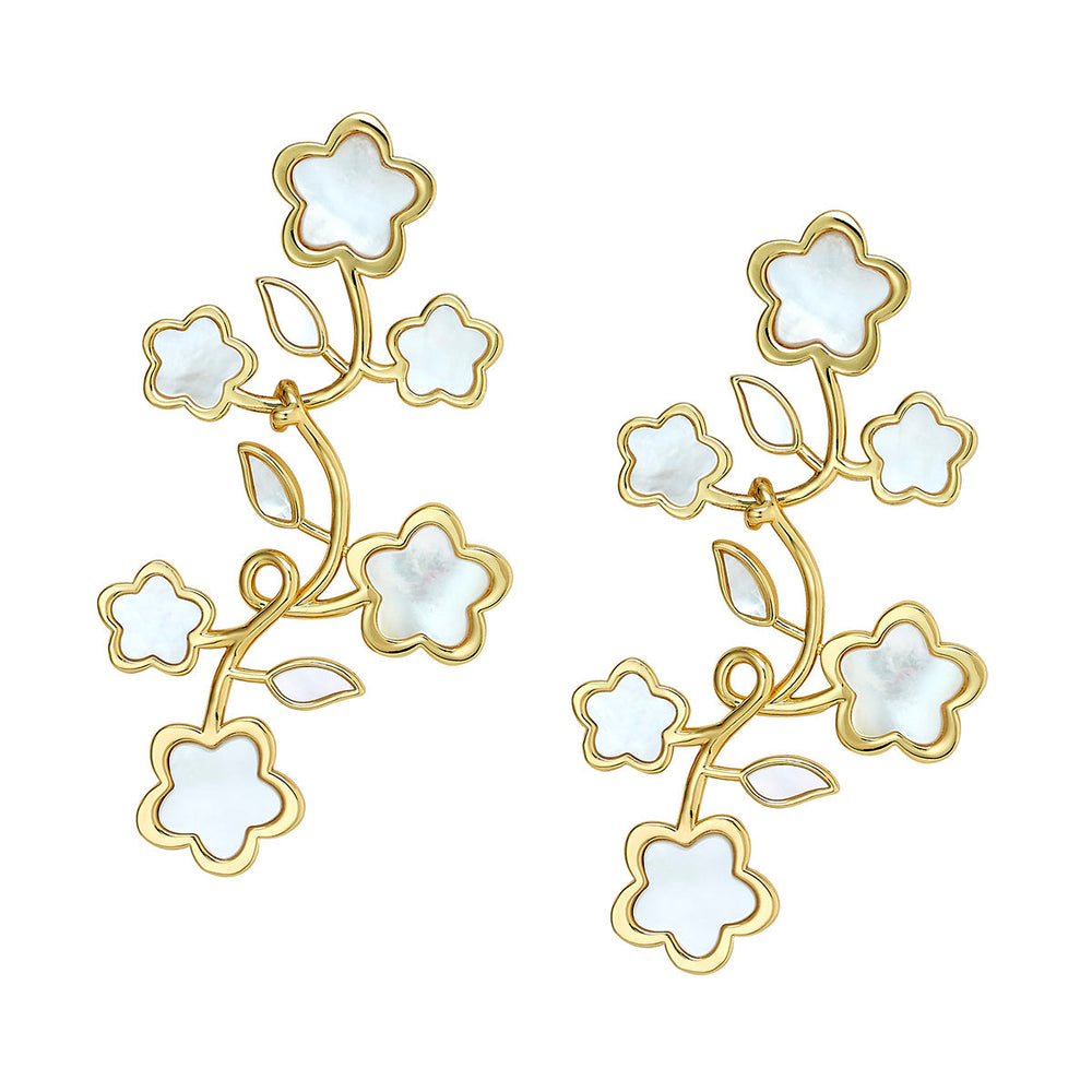 Front view of Lilia Chandelier earrings showcasing gold vermeil floral branches with mother-of-pearl centers on white background