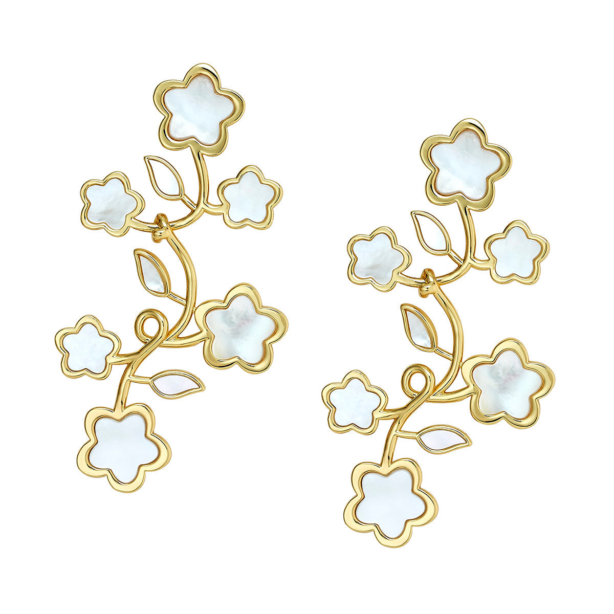 Front view of Lilia Chandelier earrings showcasing gold vermeil floral branches with mother-of-pearl centers on white background