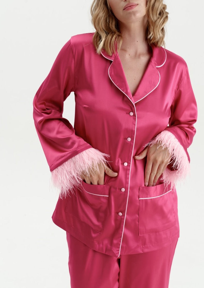 Silky Satin Feather Pajamas with Piping