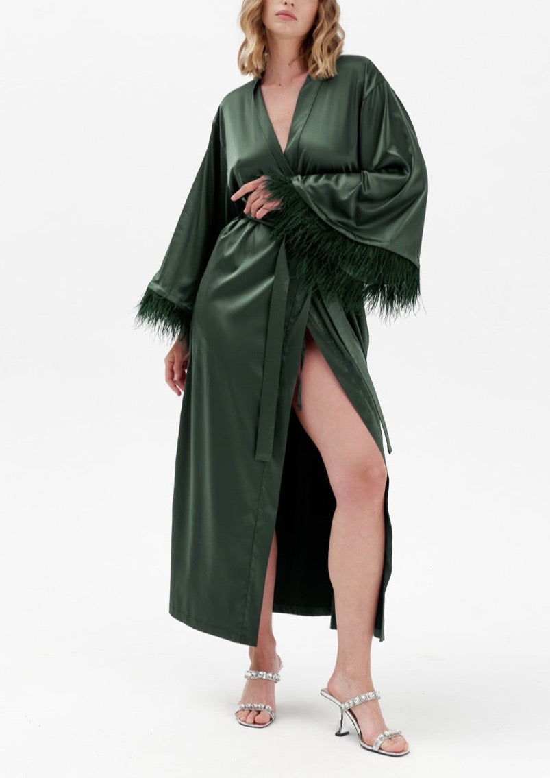 Long Silky Satin Feather Robe