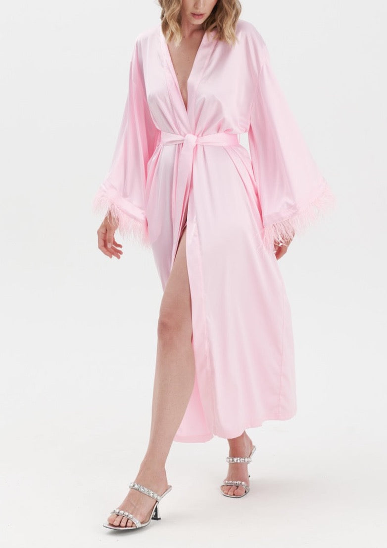 Long Silky Satin Feather Robe