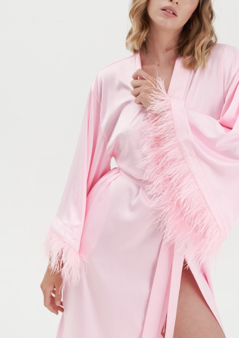 Long Silky Satin Feather Robe