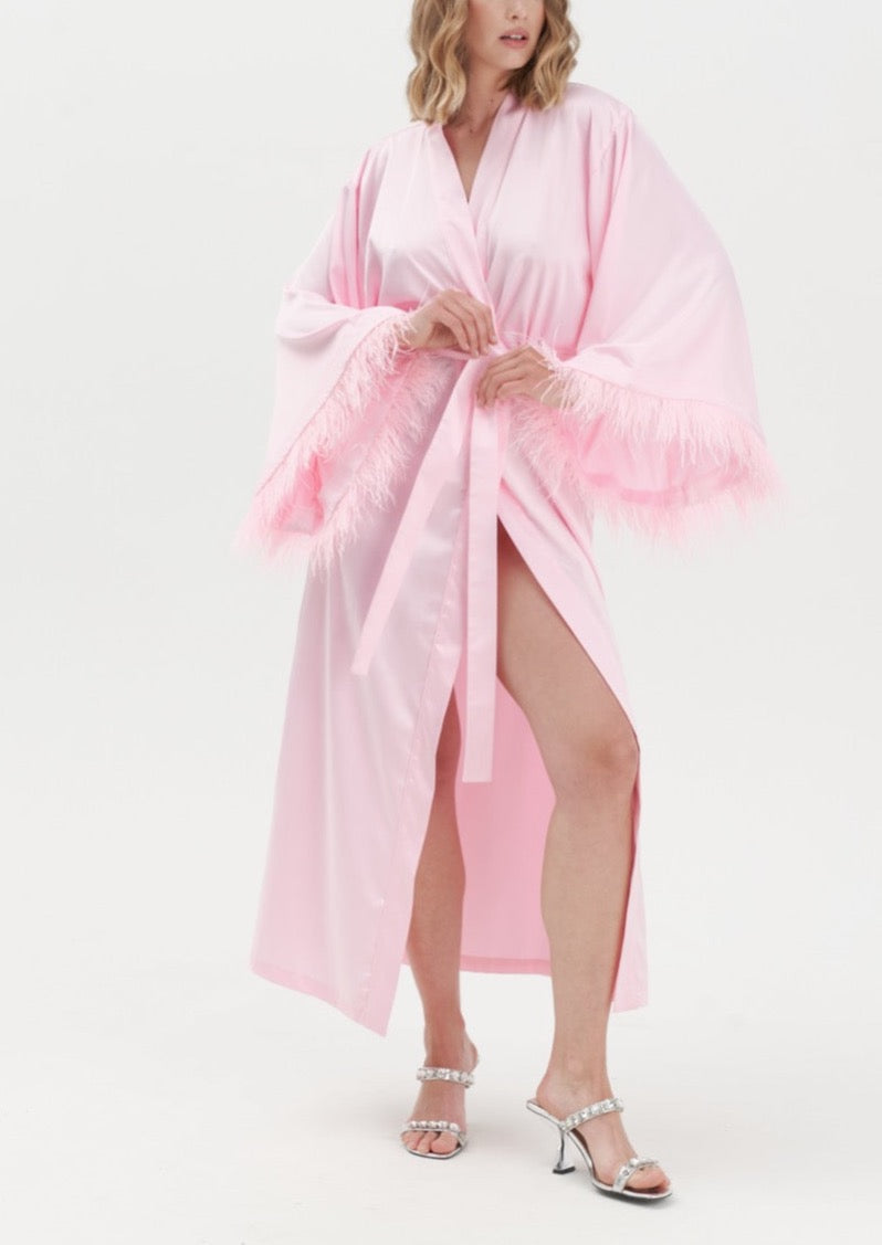 Long Silky Satin Feather Robe