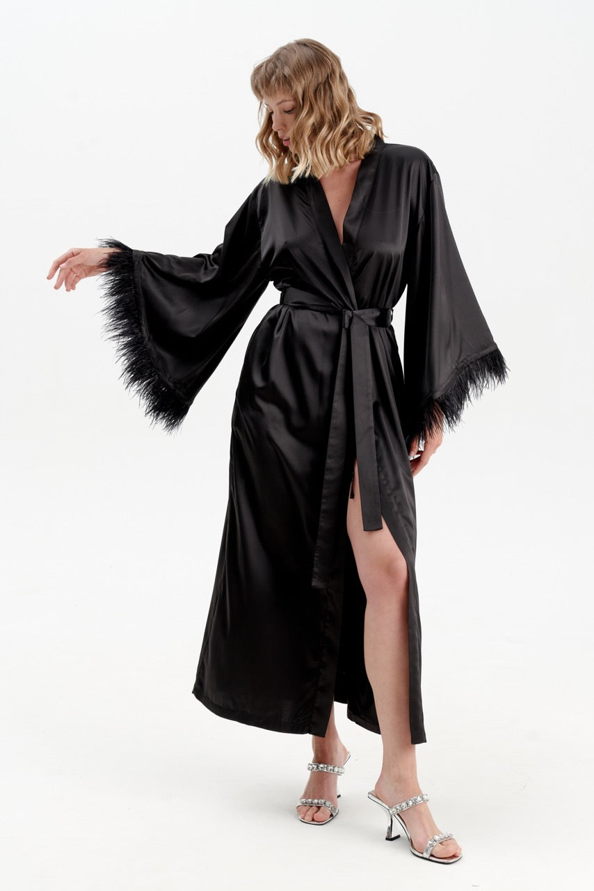 Long Silky Satin Feather Robe