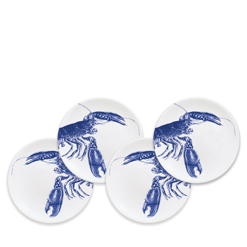 Top view of four Blue Lobster canapé plates with blue lobster print on white porcelain, overlapping on white background