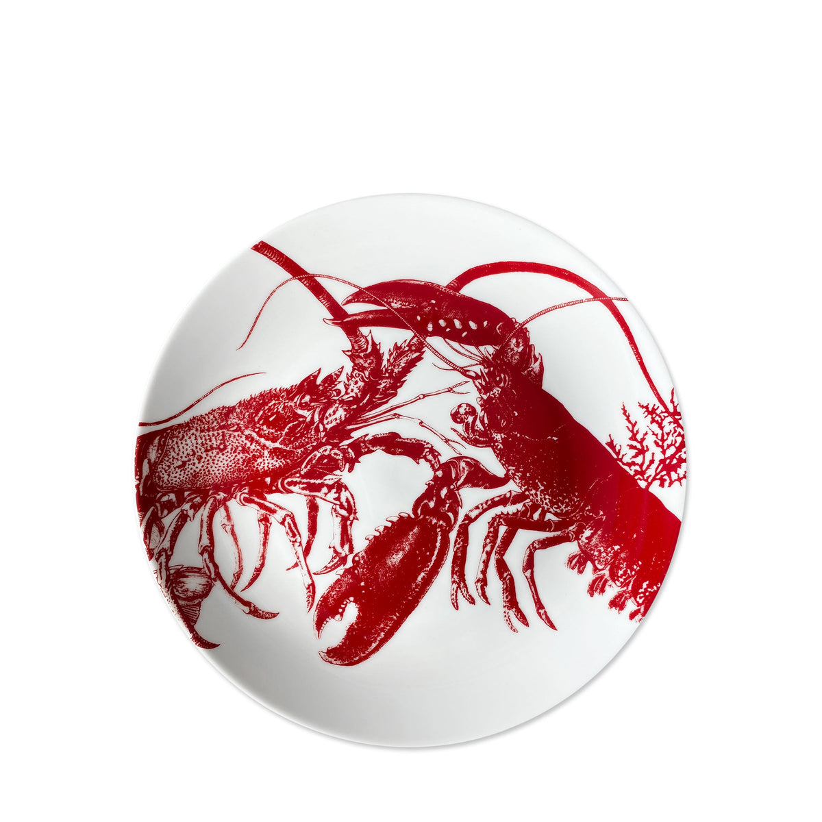 Top view of Red Lobster Coupe Salad Plate showcasing hand-drawn red lobster artwork on creamy white porcelain with a white background