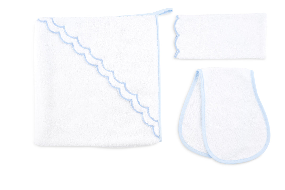 Front view of Loulou bath set showcasing three white pieces with pale blue trim on a white background