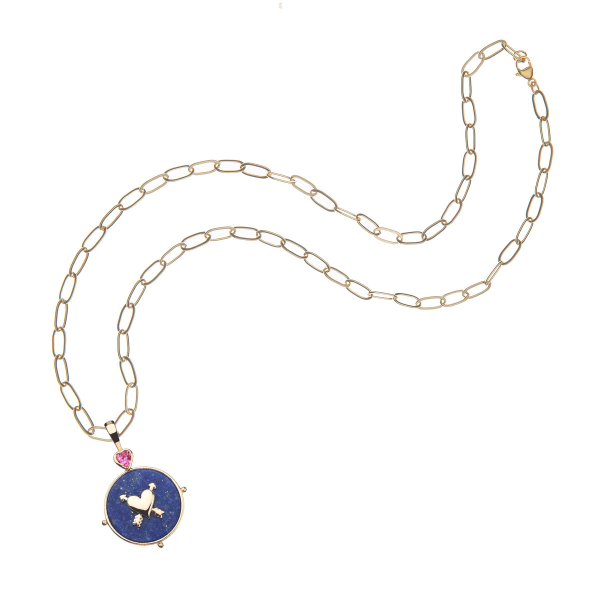 Front view of Love Lapis Heart And Arrows Pendant Necklace with lapis disk and pink tourmaline heart on white background