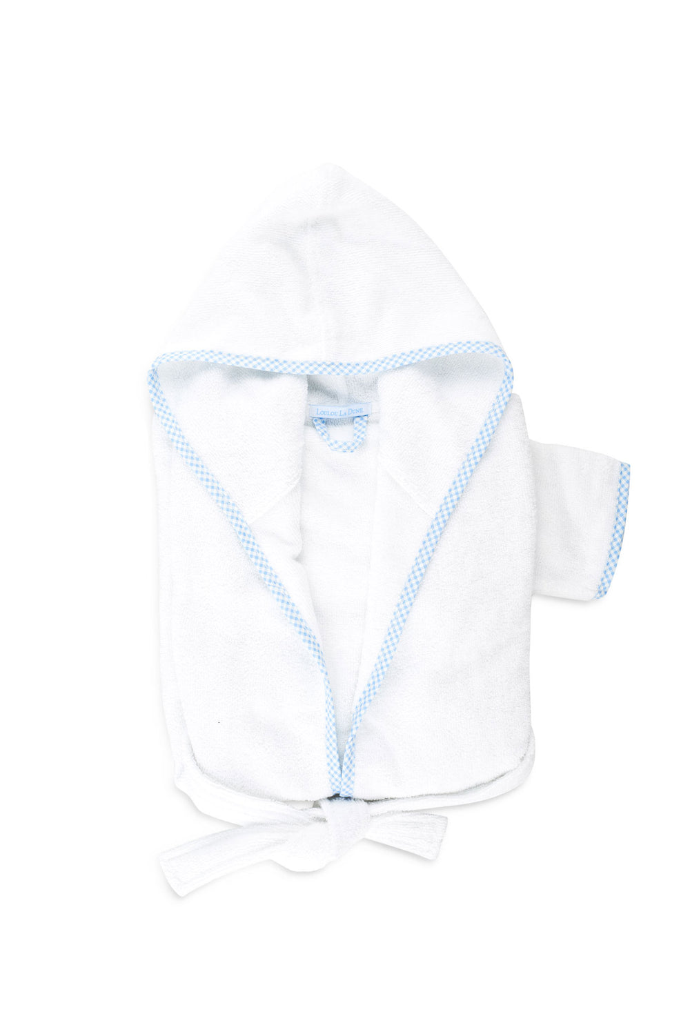 Top-down view of Lucky Bath Robe for toddlers showing hooded white terry cotton with blue gingham trim on white background