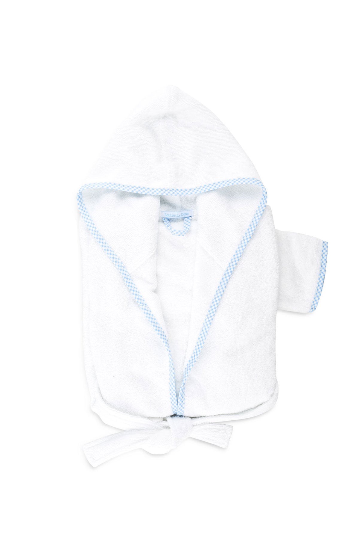 Top-down view of Lucky Bath Robe for toddlers showing hooded white terry cotton with blue gingham trim on white background