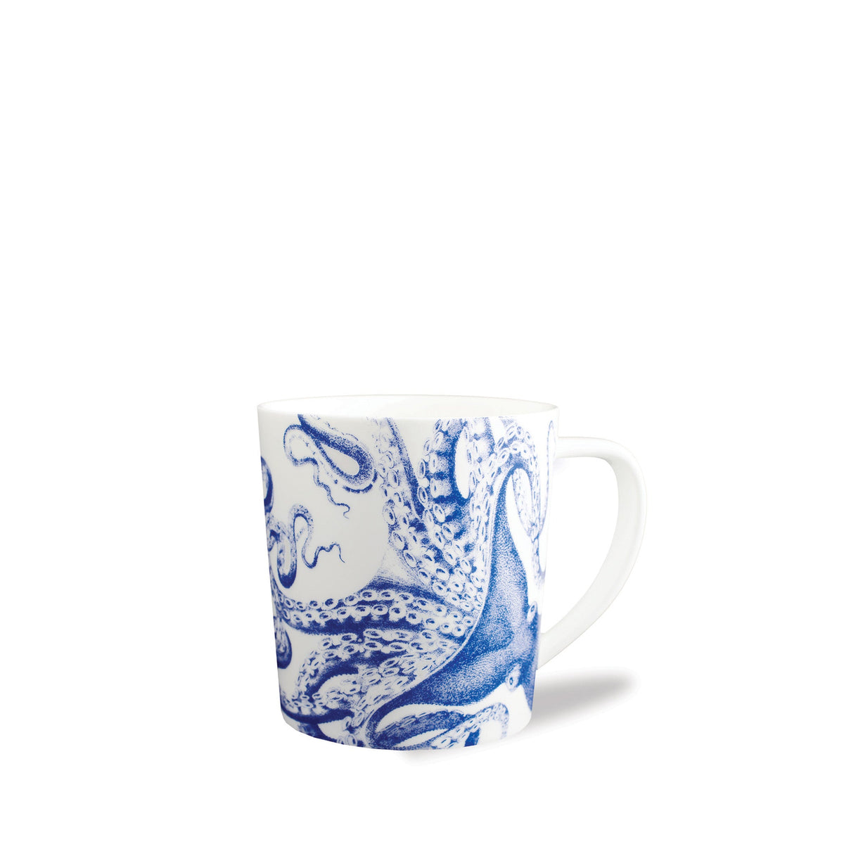 Front three-quarter view of Lucy Mug in Blue showcasing blue cephalopod pattern on white porcelain with a white background