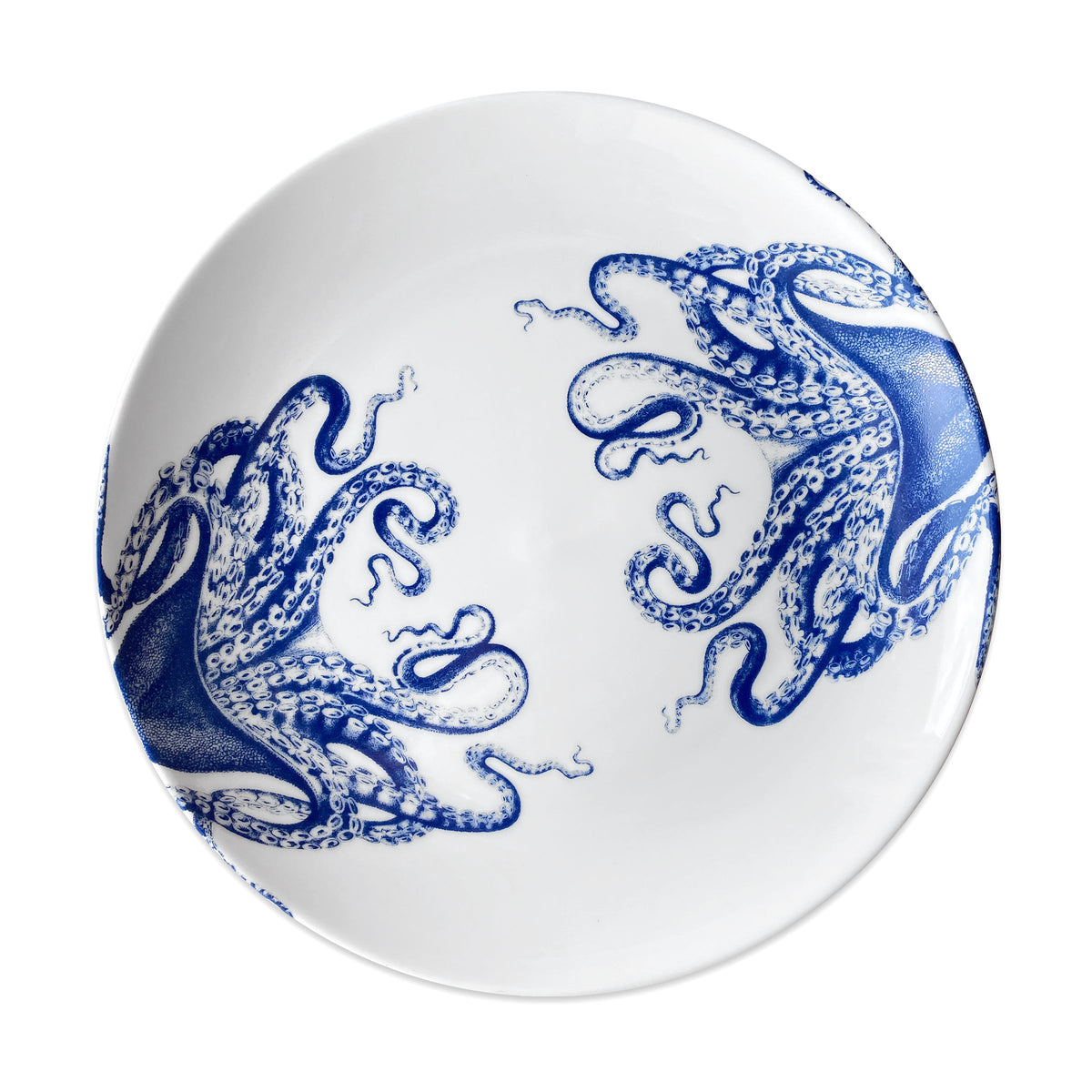 Top view of Lucy Blue Coupe Dinner Plate showcasing blue cephalopod design on creamy white porcelain with a white background