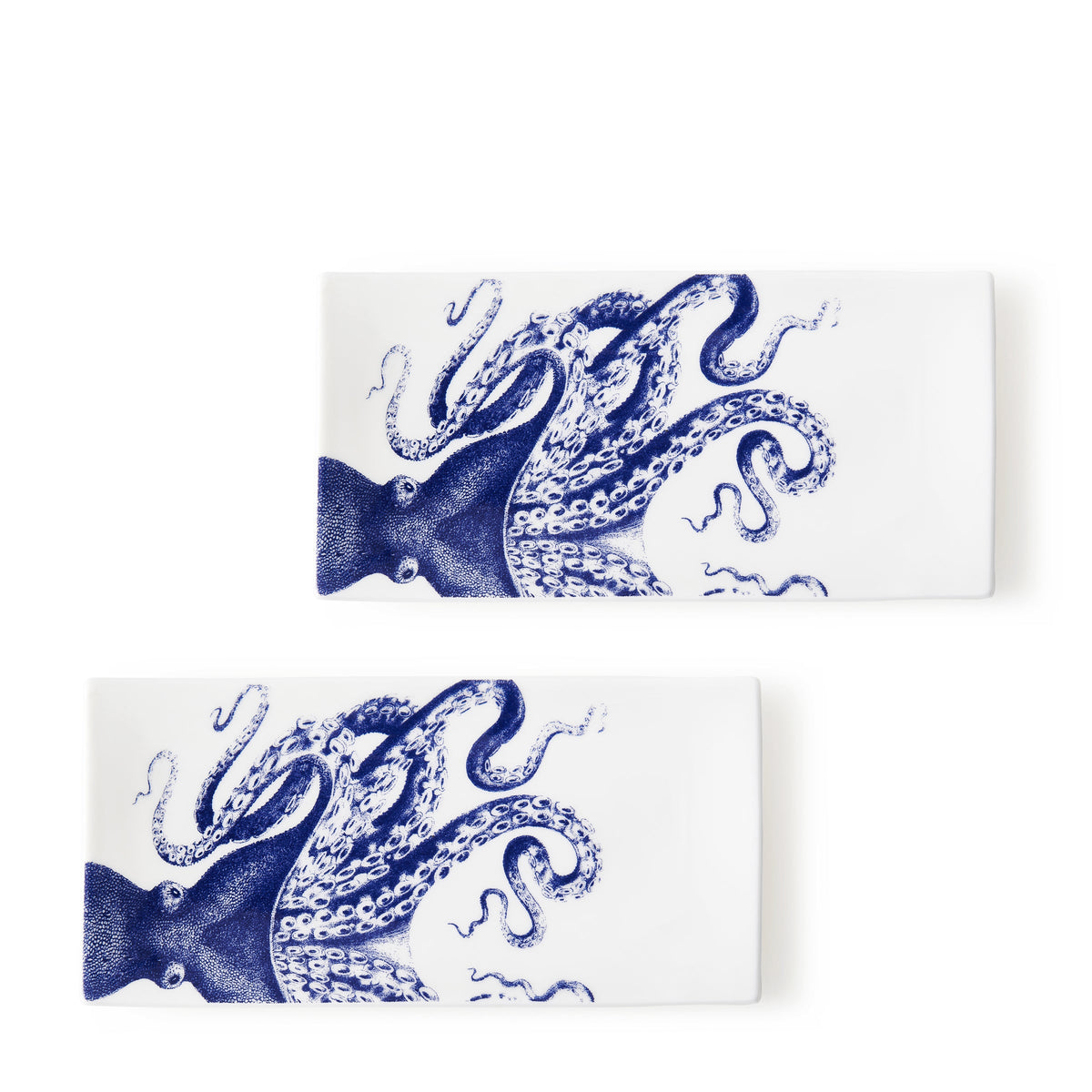 Top view of Lucy Sushi Tray, Set of 2 showcasing blue octopus artwork with a white background
