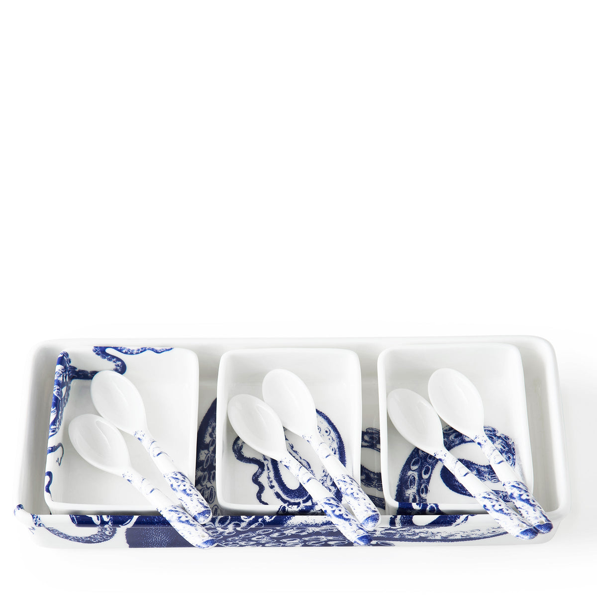 Front view of Lucy Nested Appetizer Tray & Spoon Set showcasing three bowls, six spoons, and blue octopus patterns
