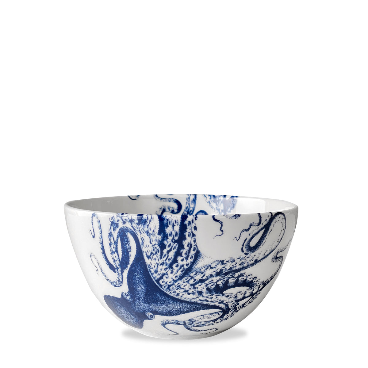 Front view of Blue Lucy Tall Cereal Bowl showcasing blue cephalopod design on creamy white porcelain with white background