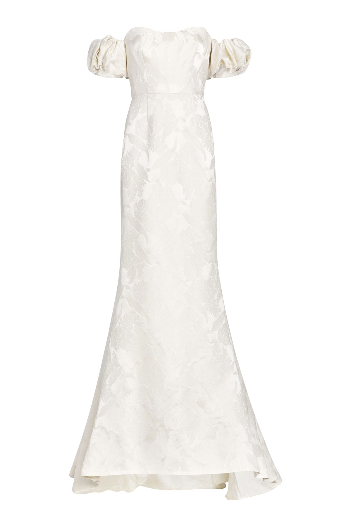 Front view of Luisa white floral jacquard gown showcasing sweetheart off shoulder neckline and puff sleeves on white background