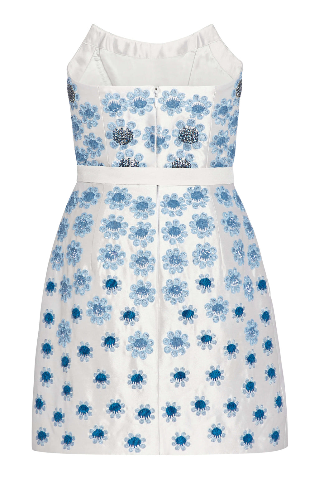 Lulu White Silk Mini Dress With Blue Daisy Beading | Over The Moon Lulu White Silk Mini Dress With Blue Daisy Beading | Over The Moon