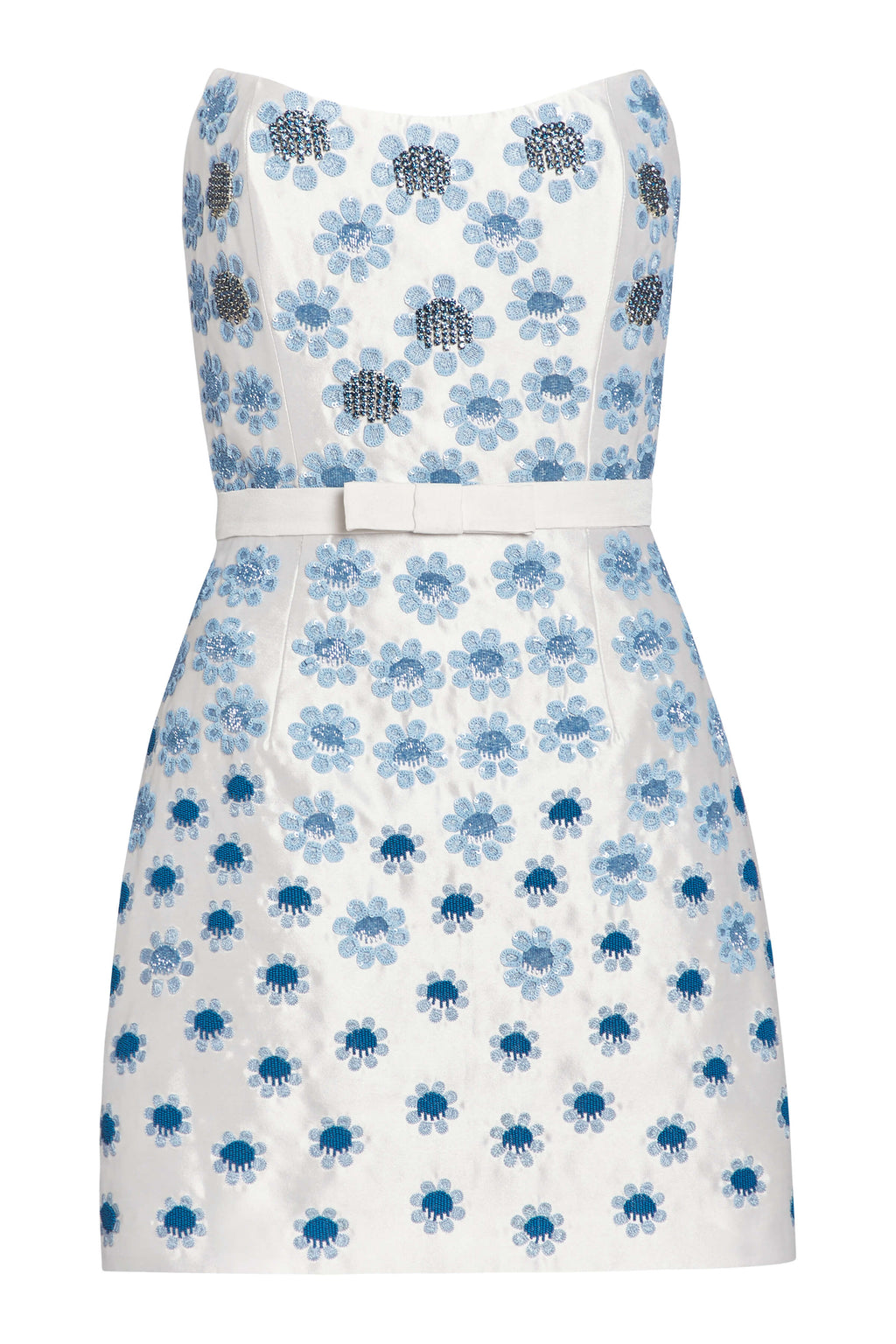Lulu White Silk Mini Dress With Blue Daisy Beading | Over The Moon Lulu White Silk Mini Dress With Blue Daisy Beading | Over The Moon