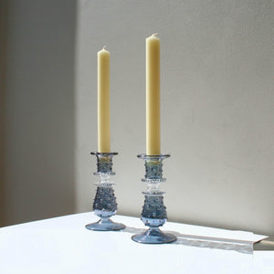 Issy Granger Blue Glass Candlestick, glass candle holder with Ivory cream dinner candles