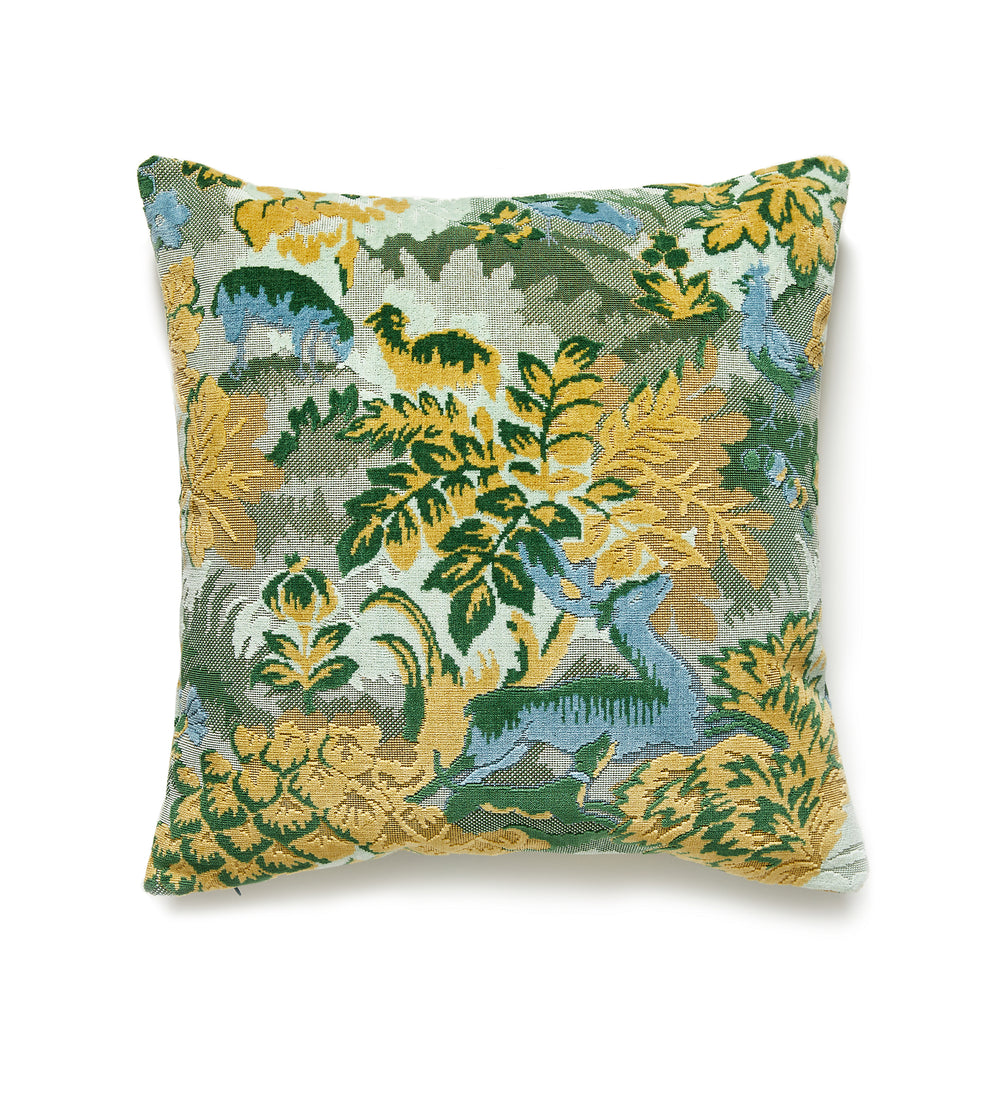 Front view of Tails Tale pillow showcasing Scalamandré jacquard floral and animal pattern in blue, green, and yellow