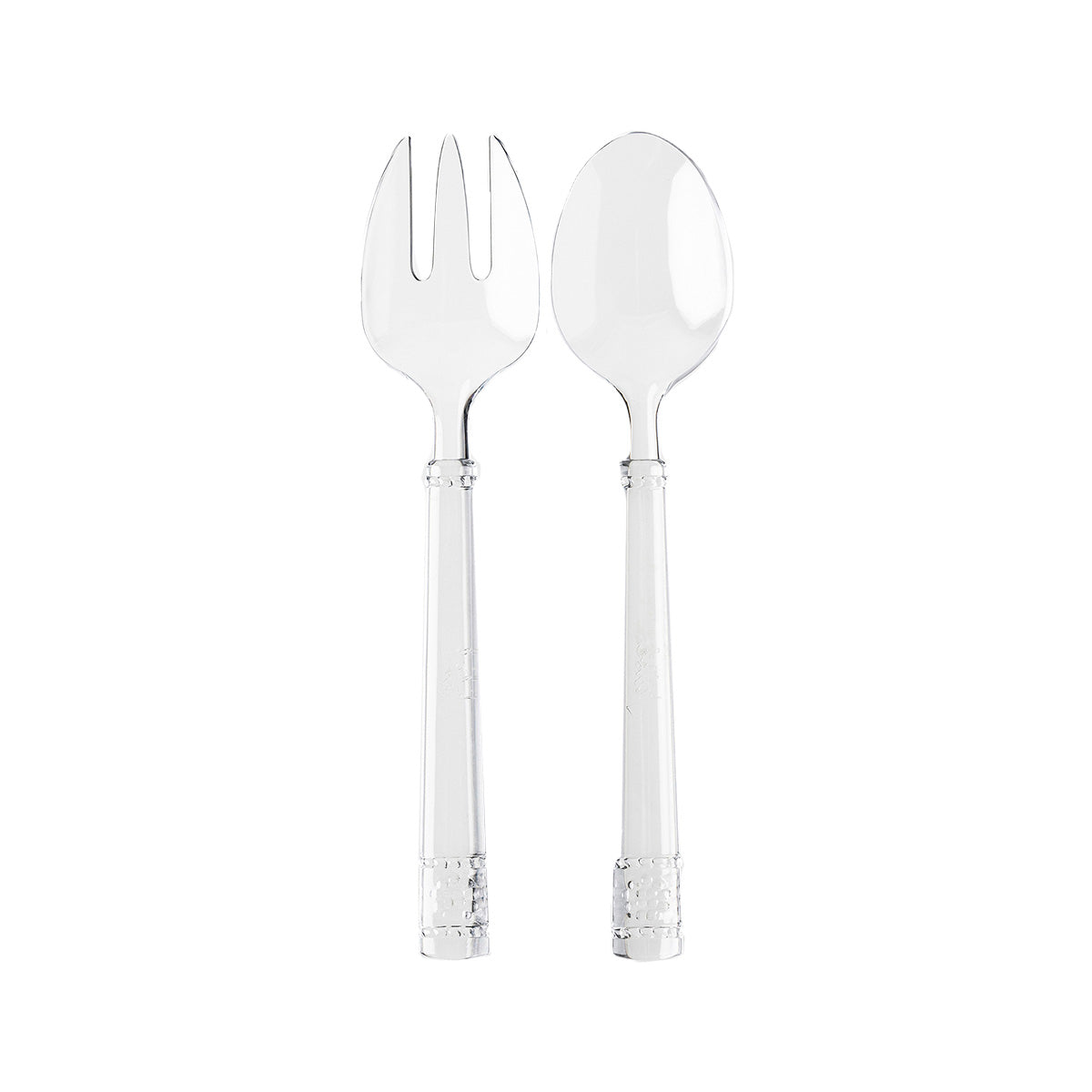 Front view of Isabella Arcylic Salad Servers showcasing clear acrylic handles and decorative bases with a white background