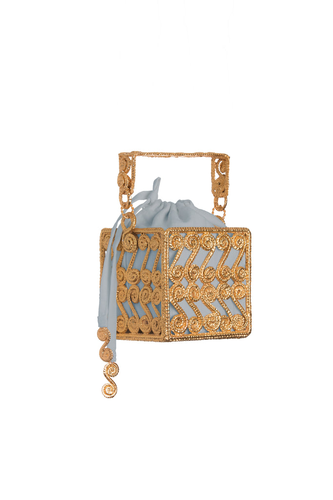 Spiral Scroll Square Bag with Natural and Light Blue Insert