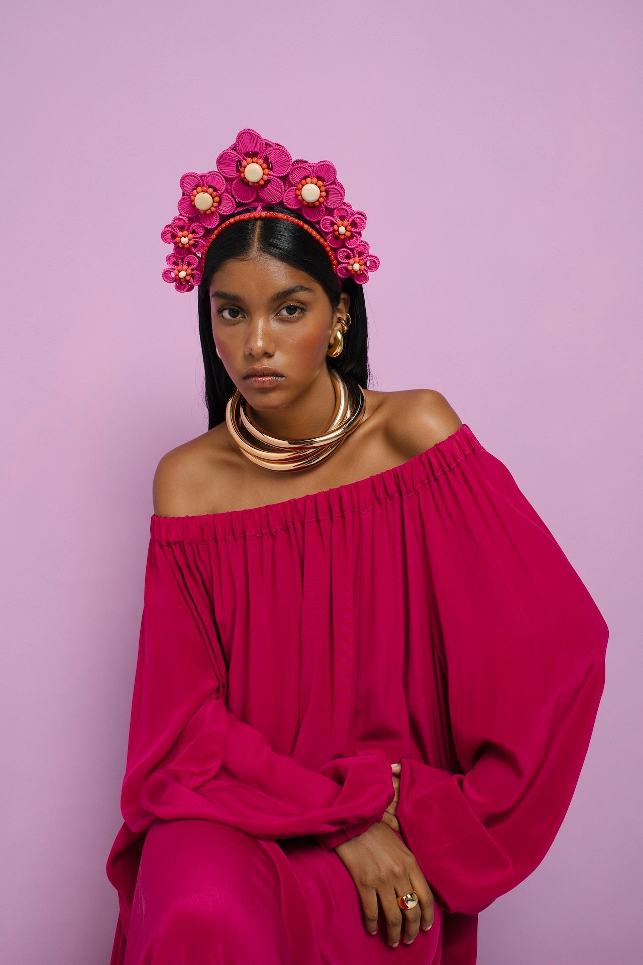 Flower Iraca Headpiece in Hot Pink