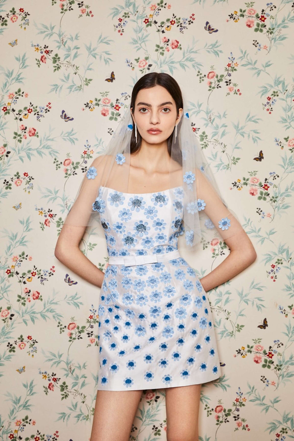 Lulu White Silk Mini Dress With Blue Daisy Beading | Over The Moon Lulu White Silk Mini Dress With Blue Daisy Beading | Over The Moon