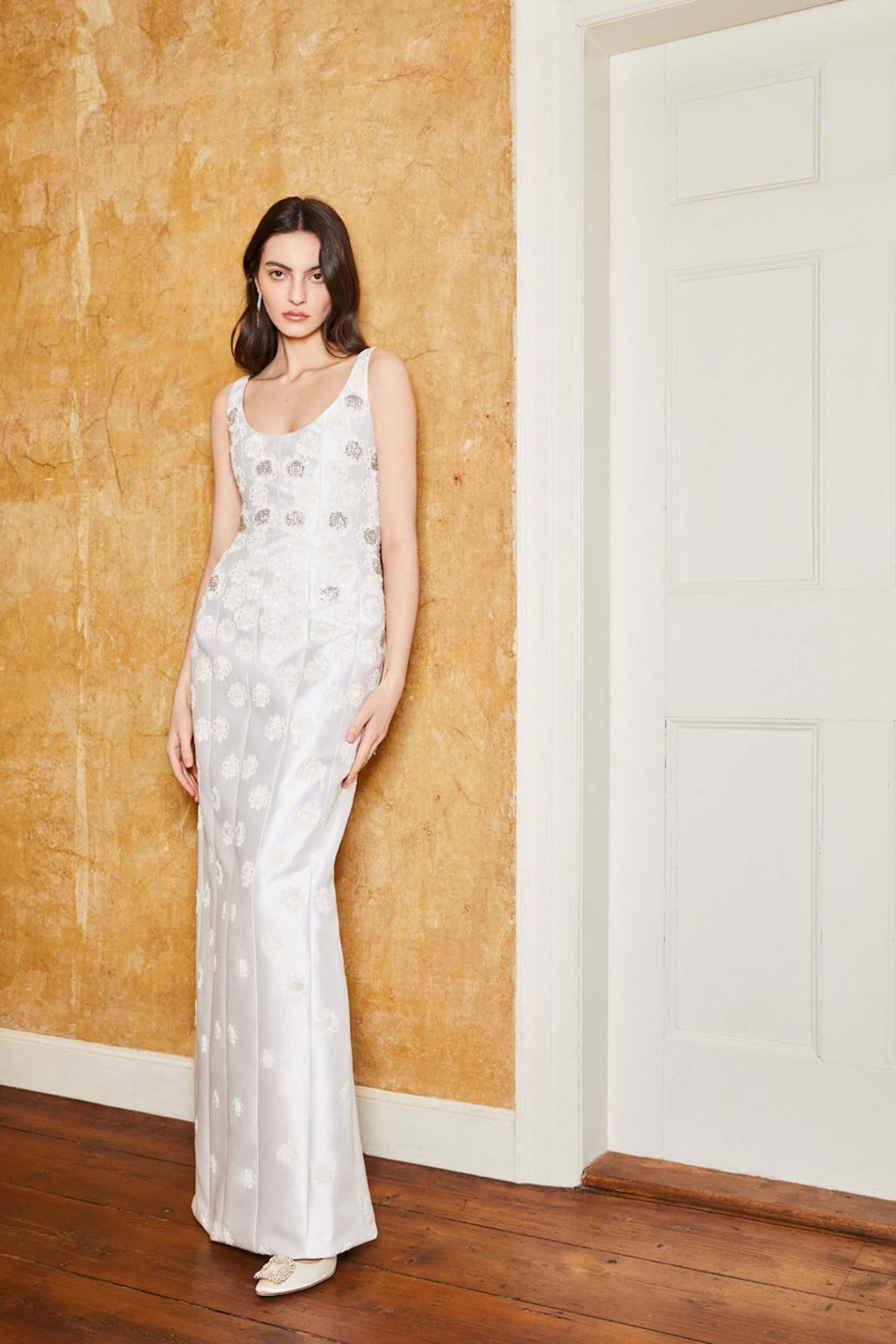Sylvie White Silk Paneled Column Gown With Daisy Beading | Over The Moon Sylvie White Silk Paneled Column Gown With Daisy Beading | Over The Moon