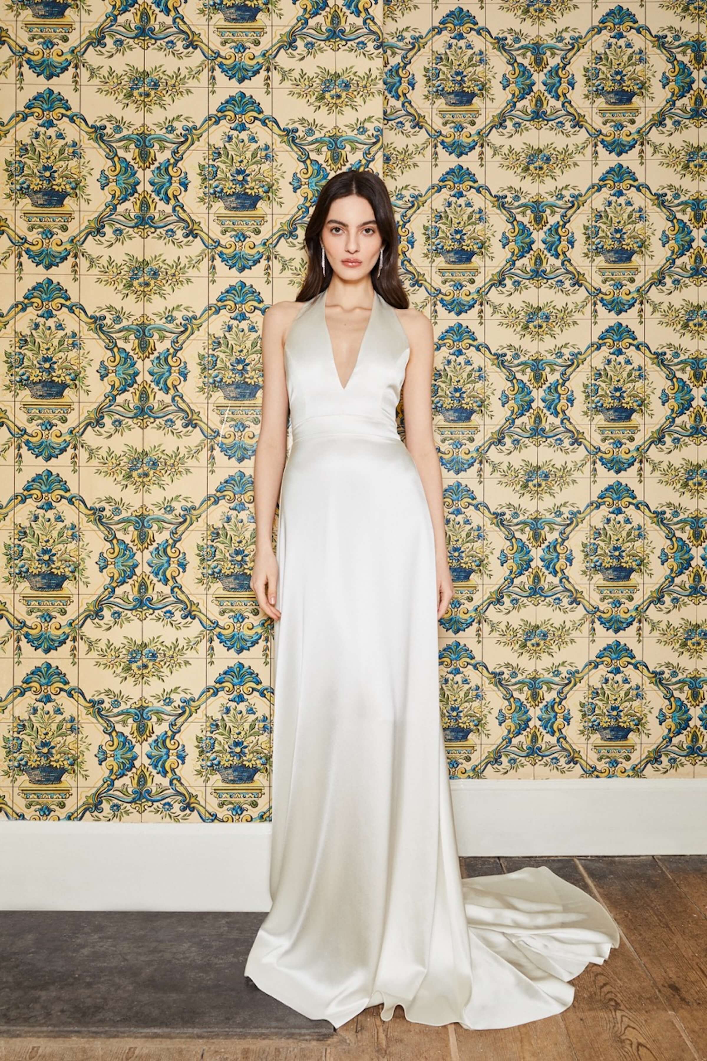 Francoise White Silk V-Neck Halter Gown With Train