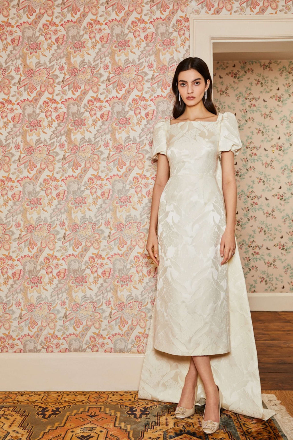 midi dress with train Audrey Puff Sleeve Fitted Midi Dress With Train