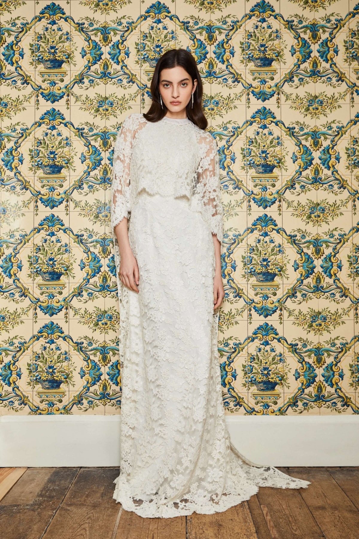 Garland Beaded White Lace Cape with Scalloped Hem