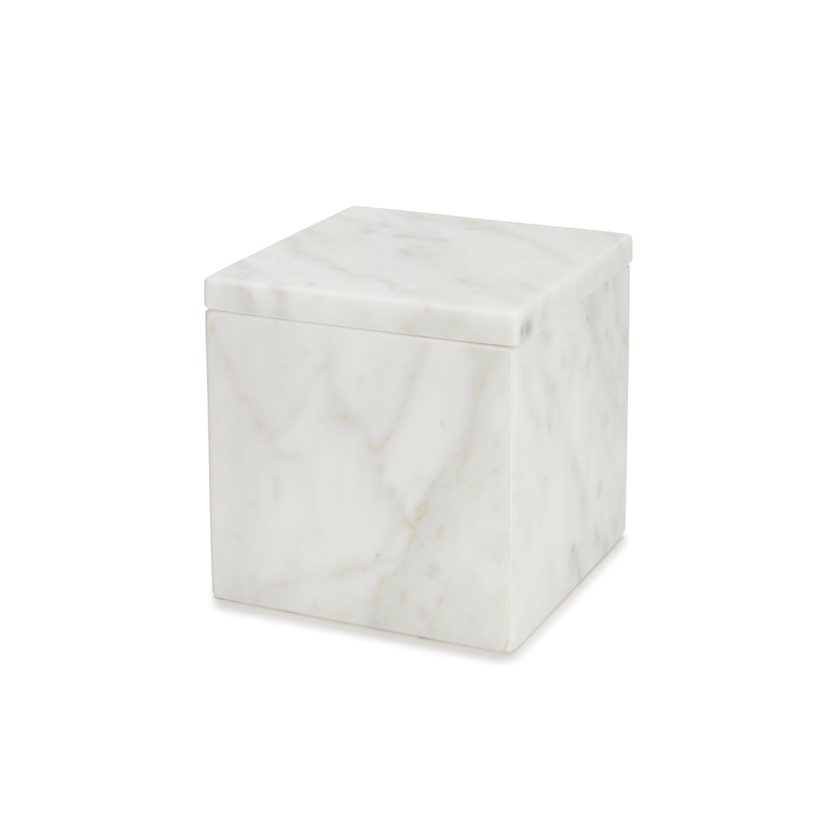 Three-quarter view of Marmol Bath small cotton jar made of white marble with gray veining on white background