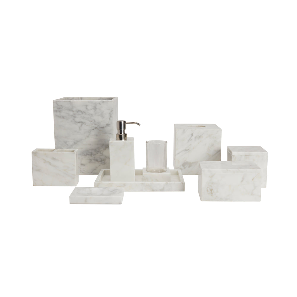 Front view of Marmol Bath Waste Basket with matching marble soap dispenser, tray, tissue box cover, and tumbler showcasing natural veining on white background