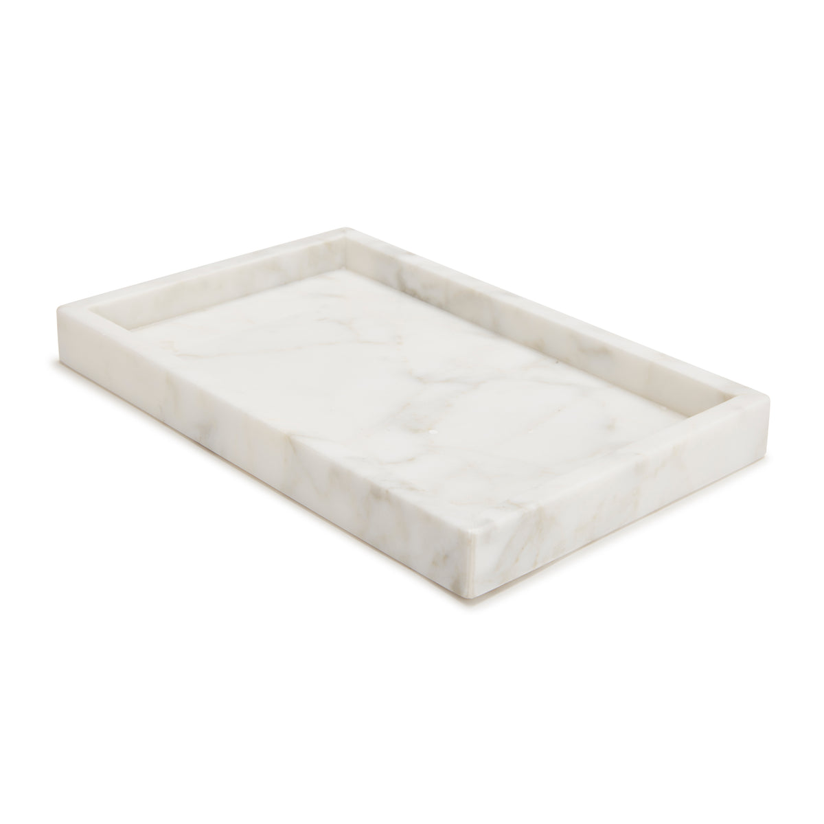 Close-up of Marmol Bath Tray showcasing Italian marble with naturally occurring veining against a white background