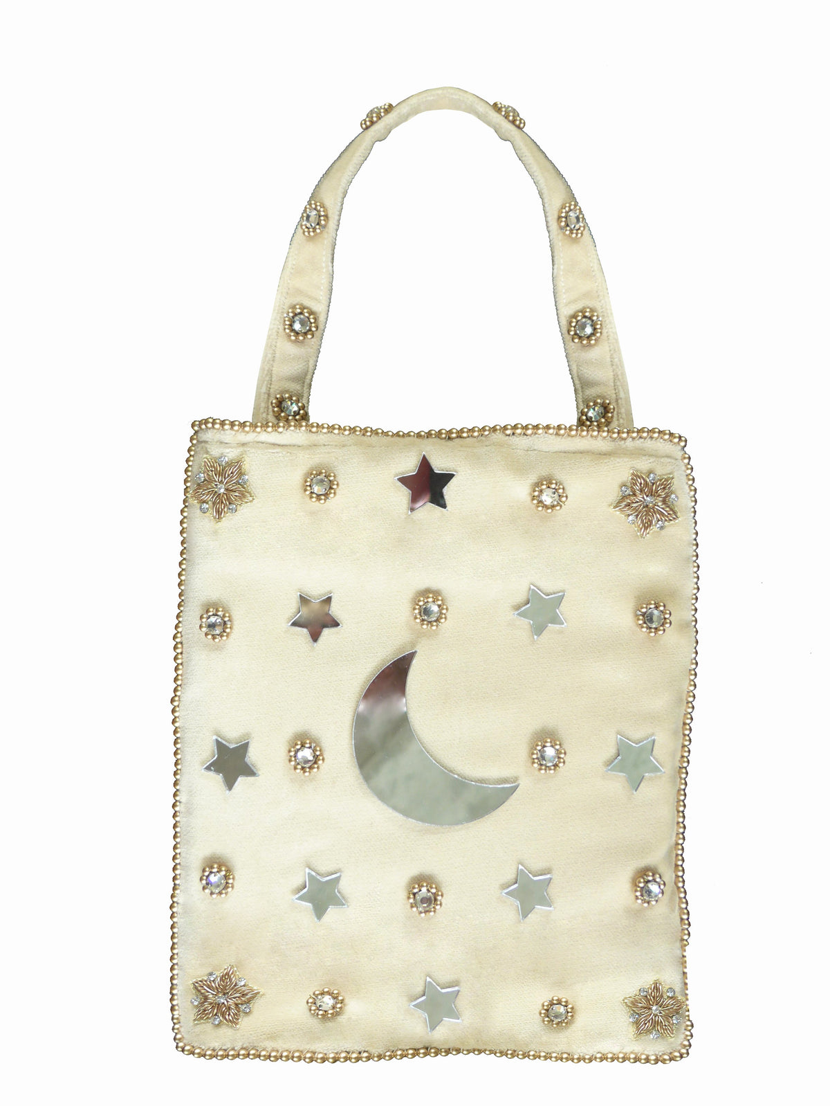 Front view of Headpiece and Mini Shopper Set showcasing gold bead trim and star, moon, and floral embellishments on white background