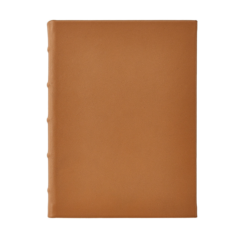 Front view of 9-inch hardcover journal in traditional British tan full-grain leather showing smooth cover and raised spine bands on white background